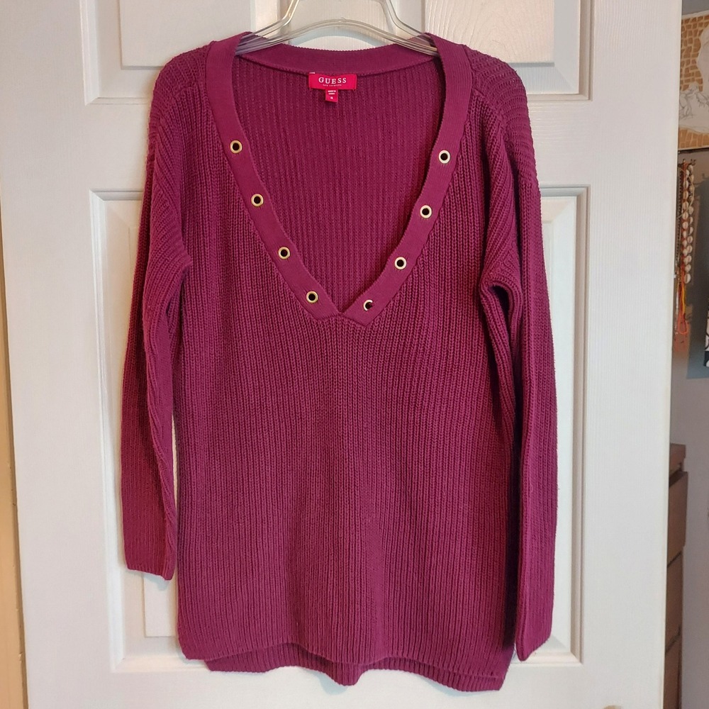 Guess Womens Magenta Ribbed Knit Deep V-Neck Grommet Tunic Sweater Q73R06R1220 M